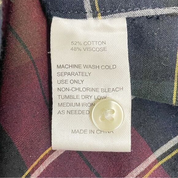 Trovata Birds of Paradis Caroline Ruffle Cuff Blouse Wine Navy Plaid Size Small - Picture 10 of 12